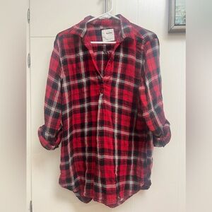 Flowy V-Neck Plaid Flannel Shirt w Collar (red with black, white and silver)